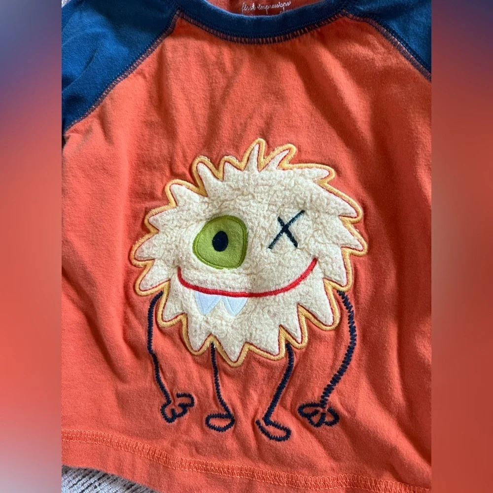 First Impressions Orange and Blue Long Sleeve Tee with Monster Design